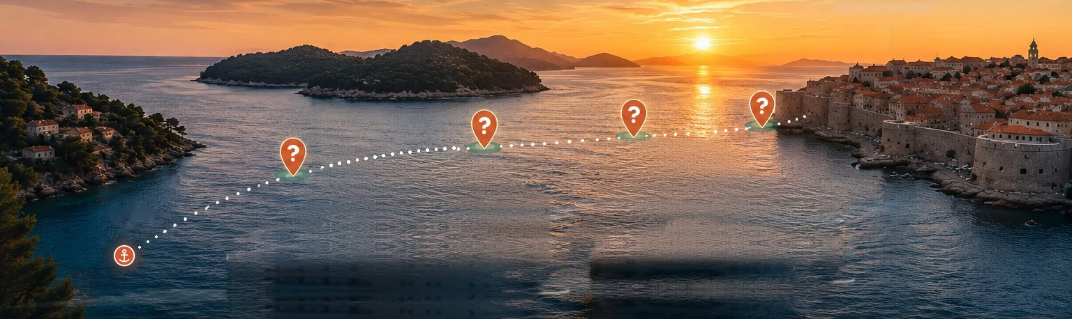 Sunset over the Adriatic, with Dubrovnik's old town on the right and a dotted route of mystery islands from Trogir
